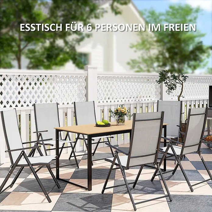 Outsunny Gartentisch mit Holzoptik - L x B x H: 160 x 80 x 75 cm, Holzwerkstoff, Metall, Rechteckig, Teak - Esstischgarnitur für 6 Personen im Freien, mit Holztisch und 6 klappbaren Stühlen mit grauem Netzgewebe.