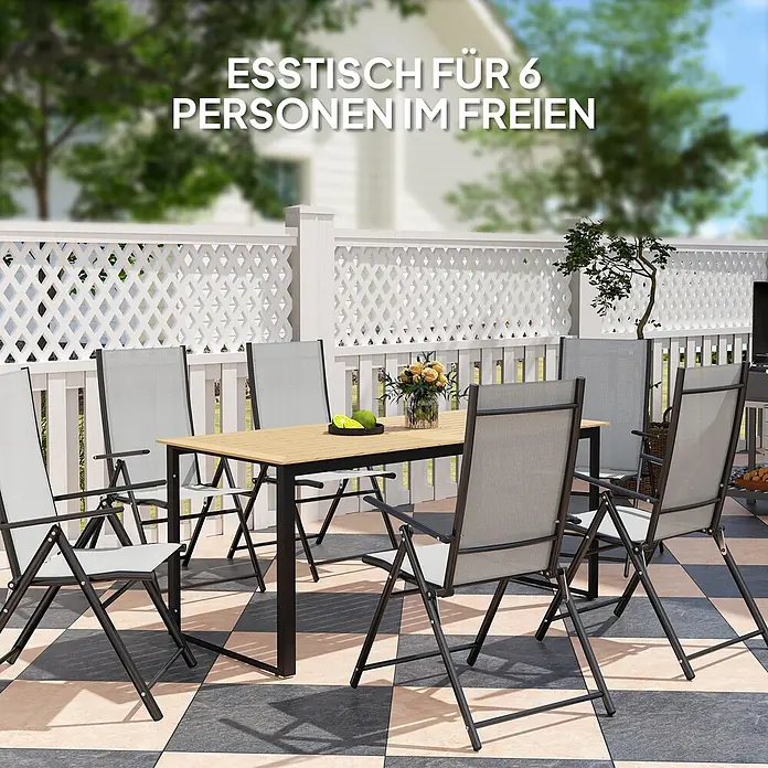 Outsunny Gartentisch mit Platz für 6 Personen - L x B x H: 175 x 78 x 75 cm, Kunststoff, Metall, Rechteck, Teak - Esstischgarnitur für 6 Personen: heller Holztisch und sechs klappbare graue Netzstühle.