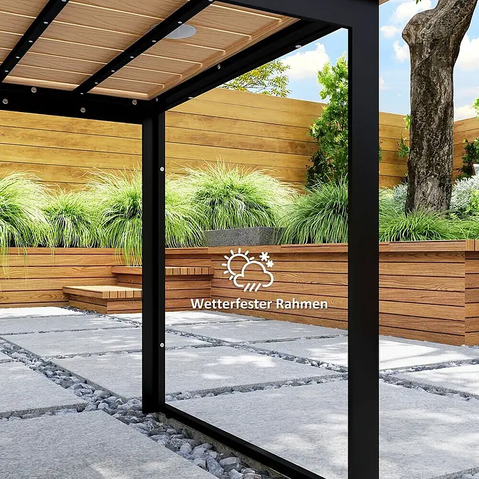 Outsunny Gartentisch mit Holzoptik - L x B x H: 160 x 80 x 75 cm, Holzwerkstoff, Metall, Rechteckig, Teak - Schwarze Metallpergola mit Holzlamellendach auf einer Terrasse, wetterfester Rahmen.