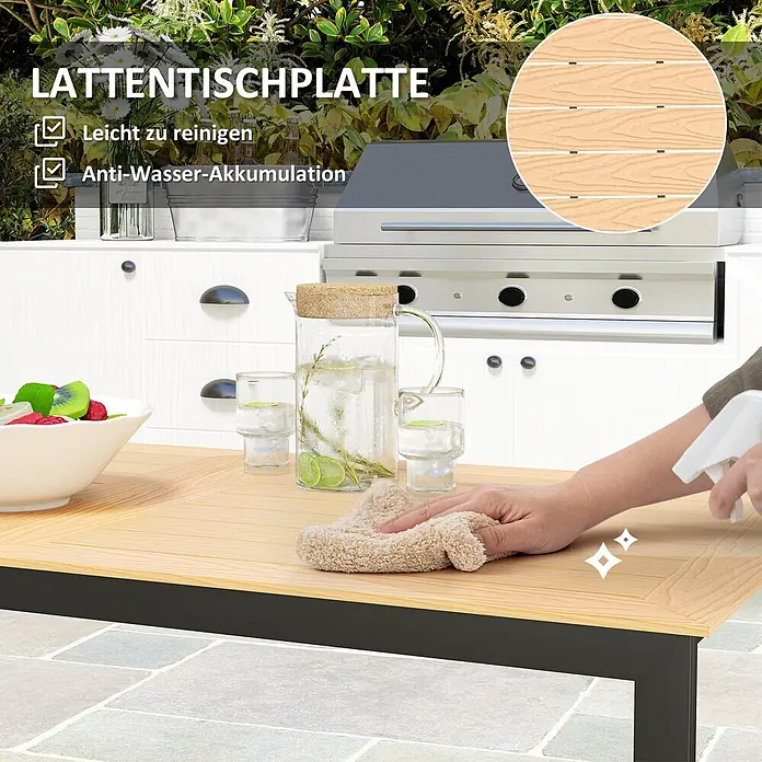 Outsunny Gartentisch mit Holzoptik - L x B x H: 160 x 80 x 75 cm, Holzwerkstoff, Metall, Rechteckig, Teak - Leichte Holzlamellentischplatte, leicht zu reinigen und wasserabweisend, wird in einer Außenküche abgewischt.
