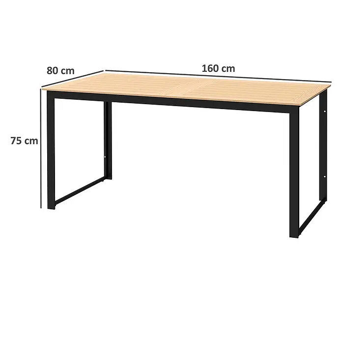 Outsunny Gartentisch mit Holzoptik - L x B x H: 160 x 80 x 75 cm, Holzwerkstoff, Metall, Rechteckig, Teak - Rechteckiger Esstisch mit heller Holzlattenplatte und schwarzem Metallgestell, 160x80x75 cm.