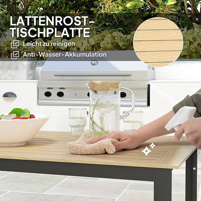Outsunny Gartentisch mit Platz für 6 Personen - L x B x H: 175 x 78 x 75 cm, Kunststoff, Metall, Rechteck, Teak - Lattenrost-Tischplatte in heller Holzoptik, wird gerade gereinigt.