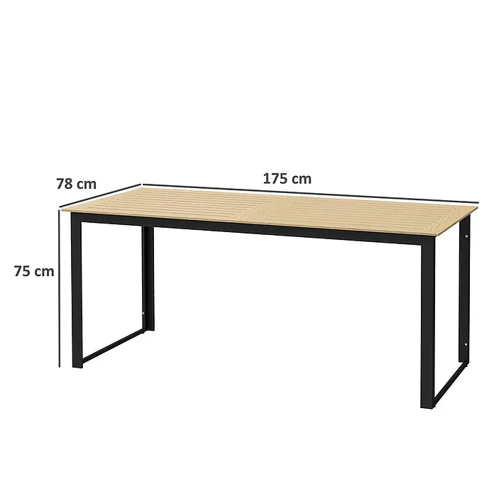 Outsunny Gartentisch mit Platz für 6 Personen - L x B x H: 175 x 78 x 75 cm, Kunststoff, Metall, Rechteck, Teak - Rechteckiger Gartentisch mit heller Holzlattenplatte und schwarzem Metallgestell, Maße: 175x78x75 cm (LxBxH).