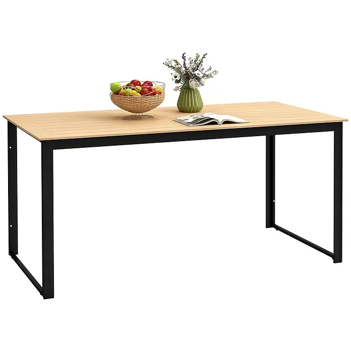 Outsunny Gartentisch mit Holzoptik - L x B x H: 160 x 80 x 75 cm, Holzwerkstoff, Metall, Rechteckig, Teak - Rechteckiger Esstisch mit heller Holzlattenplatte und schwarzem Metallgestell.