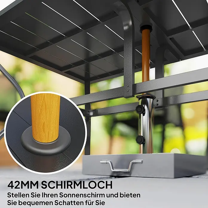 Outsunny Gartentisch für 6 Personen - L x B x H: 150 x 90 x 73 cm, Verzinkter Stahl, Rechteck, Schwarz - Dunkelgrauer Gartentisch mit 42mm Schirmloch, gezeigt mit Holzstange für bequemen Schatten.
