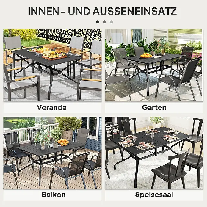 Outsunny Gartentisch für 6 Personen - L x B x H: 150 x 90 x 73 cm, Verzinkter Stahl, Rechteck, Schwarz - Vielseitige schwarze Essgruppe mit Tisch und Stühlen, präsentiert in verschiedenen Außen- (Veranda, Garten, Balkon) und Innenbereichen (Speisesaal).