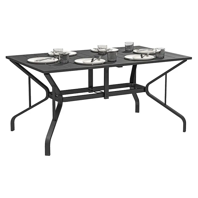 Outsunny Gartentisch für 6 Personen - L x B x H: 150 x 90 x 73 cm, Verzinkter Stahl, Rechteck, Schwarz - Dunkelgrauer Metall-Esstisch für den Außenbereich mit Lamellenplatte und gebogenen Beinen, für sechs gedeckt.