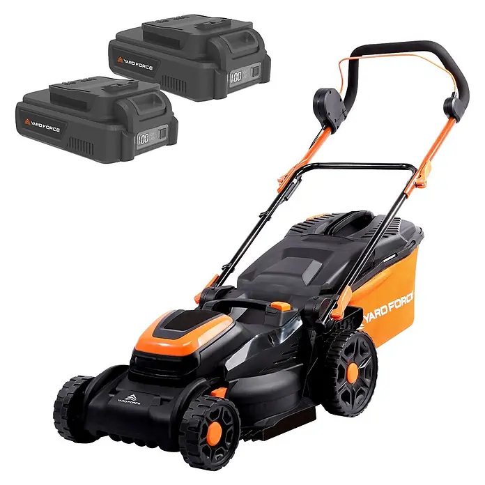 Yard Force Akku-Rasenmäher LM C37 - 40 V, 1 Akku, 4 Ah, Schnittbreite: 370 mm - Schwarz-orangefarbener Akku-Rasenmäher mit zwei Yard Force Batterien, die 100% Ladung anzeigen.