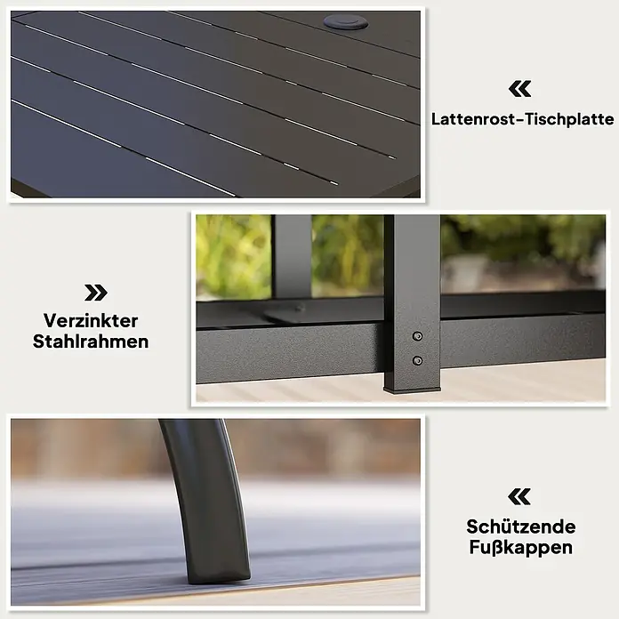 Outsunny Gartentisch für 6 Personen - L x B x H: 150 x 90 x 73 cm, Verzinkter Stahl, Rechteck, Schwarz - Dunkelgrauer Gartentisch mit Lattenrost-Tischplatte, verzinktem Stahlrahmen und schützenden Fußkappen.