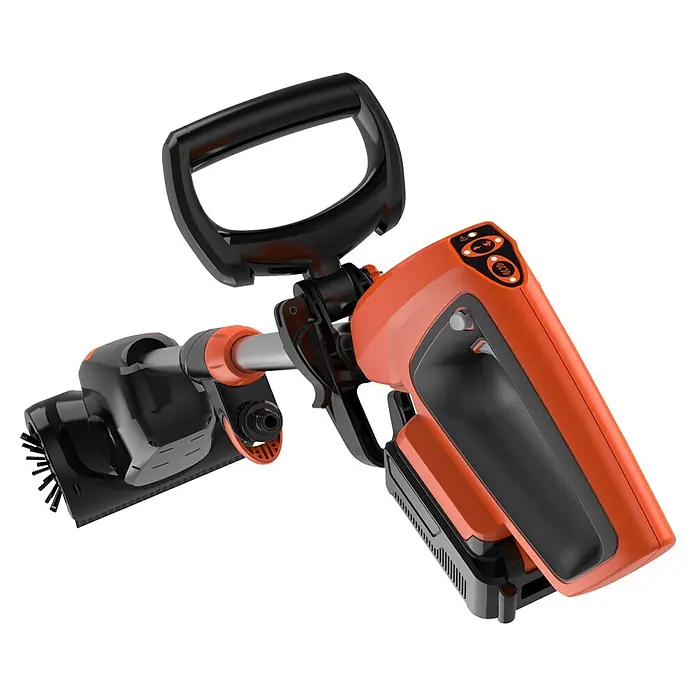 Yard Force Akku-Reinigungsbürste LW CPC1 - 20 V, 1 Akku, 4 Ah - Kabelloses orange-schwarzes Hand-Gartengerät mit verstellbarem Griff, Bedienfeld und Bürstenaufsatz.
