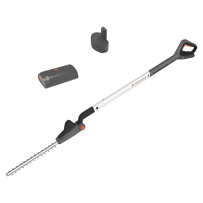 Yard Force Akku-Heckenschere iFlex LH F35 - 1 Akku, Schnittlänge: 35 cm - Zerlegter Akku-Stielheckenschere: langer grau/weißer Stiel, schwarzer Klingenaufsatz, grauer Akku und Ladegerät.