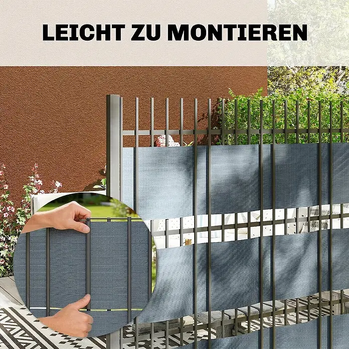 Outsunny Sichtschutzelement - B x H: 1 x 19 cm, Kunststoff, Grau - Blaugrauer gestreifter Sichtschutz am Zaun, zeigt einfache Montage.