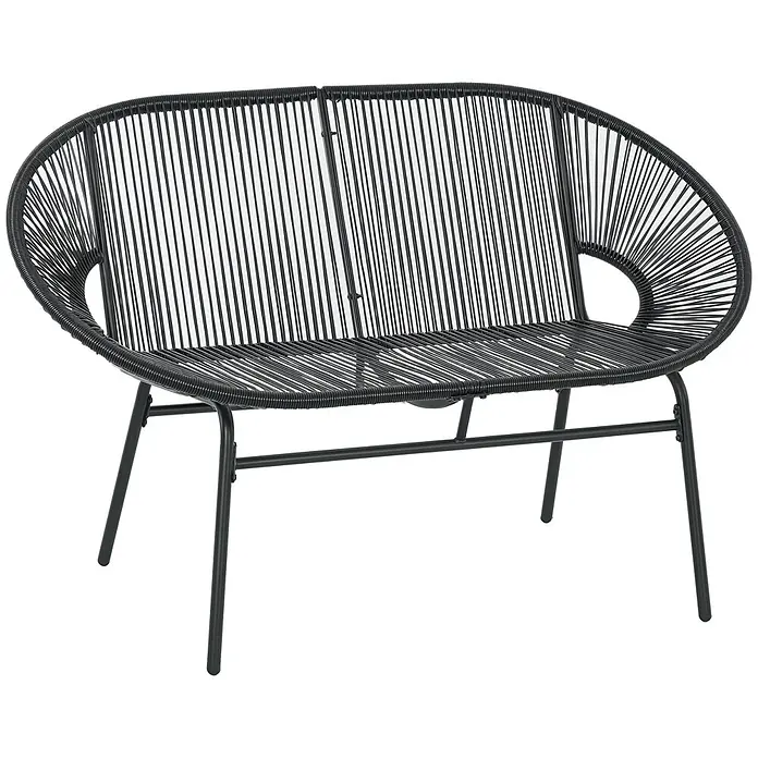 Outsunny Loungesofa - Stahl, Schwarz - Schwarze Zweisitzer-Bank aus geflochtenen Kunststoffseilen für Sitzfläche und Rückenlehne auf schwarzem Metallgestell.