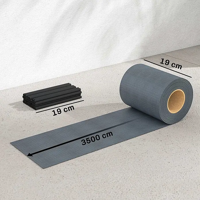 Outsunny Sichtschutzelement - B x H: 1 x 19 cm, Kunststoff, Grau - Graue Dichtungsbahn (19cm breit, 3500cm lang) und schwarze Fugenhinterfüllprofile (19cm breit).