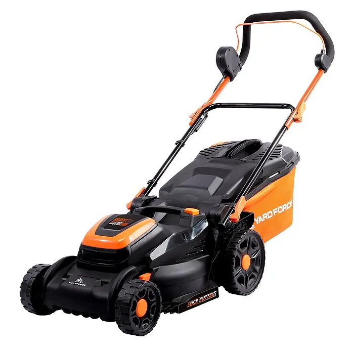 Yard Force Akku-Rasenmäher LM C40B - 40 V, 1 Akku, 4 Ah, Schnittbreite: 400 mm - Schwarz-orangefarbener Elektro-Rasenmäher mit Grasfangkorb und ergonomischen Griffen.