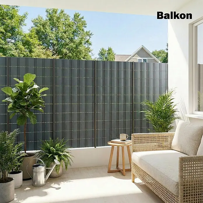 Outsunny Sichtschutzelement - B x H: 1 x 19 cm, Kunststoff, Grau - Dunkelgrauer Sichtschutz auf einem Balkon, bietet Privatsphäre und Schatten für einen Sitzbereich mit Pflanzen.