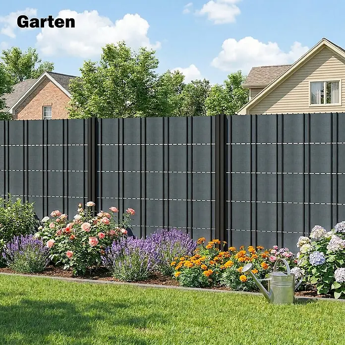 Outsunny Sichtschutzelement - B x H: 1 x 19 cm, Kunststoff, Grau - Dunkelgrauer Sichtschutzzaun in einem Garten, der einen visuellen Schutz bietet und die Privatsphäre zwischen Blumen und Häusern verbessert.