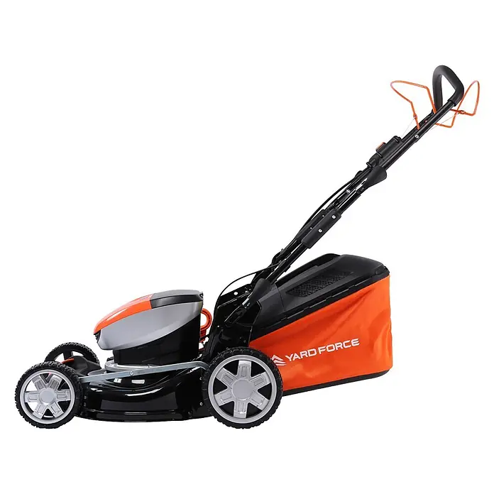 Yard Force Akku-Rasenmäher LM C46 - 40 V, 1 Akku, 5 Ah, Schnittbreite: 46 cm - Orange-schwarzer Rasenmäher mit Fangkorb, robusten Rädern und ergonomischem Griff.