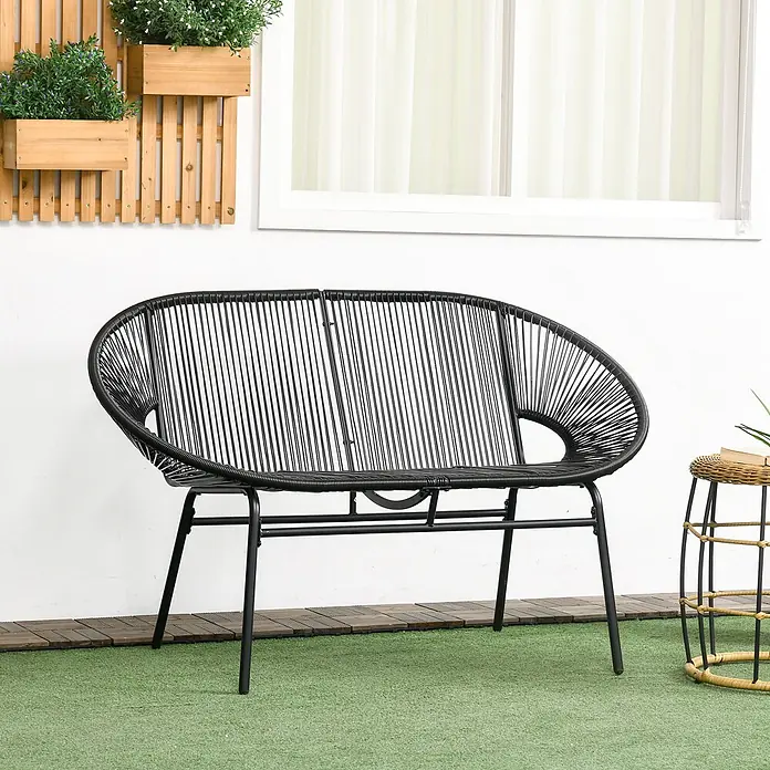 Outsunny Loungesofa - Stahl, Schwarz - Schwarzes Outdoor-Rattan-Sofa mit Metallrahmen, ideal für Terrasse oder Balkon.