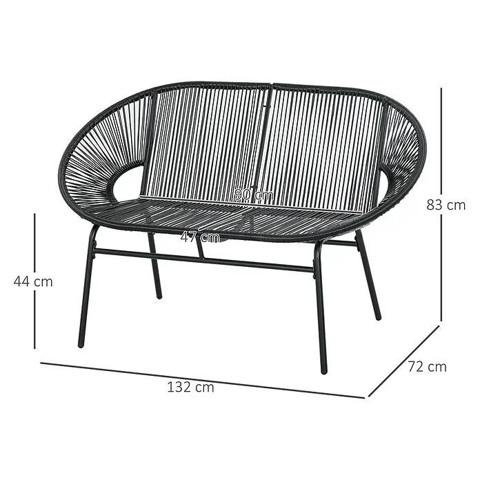 Outsunny Loungesofa - Stahl, Schwarz - Schwarzes Garten-Liebessofa aus Metall und geflochtenem Kunststoff mit Maßen.