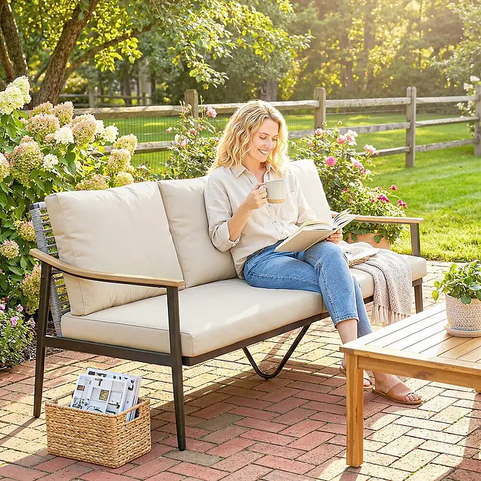 Outsunny Loungesofa - B x T x H: 75 x 75 x 78 cm, Stahl, Khaki - Dreisitzer-Outdoor-Sofa mit hellen Kissen, dunklem Metallrahmen und Holzarmlehnen, genutzt von einer Frau, die auf einer sonnigen Ziegelterrasse entspannt.
