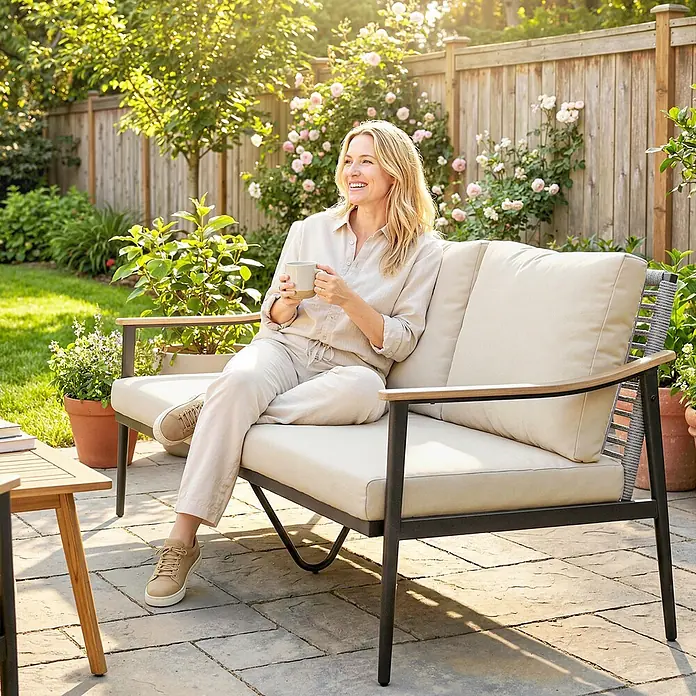 Outsunny Loungesofa - B x T x H: 75 x 75 x 78 cm, Stahl, Khaki - Beigefarbenes Outdoor-Sofa mit dunklem Rahmen und Holzdetails, auf dem eine Frau mit Tasse in einem sonnigen Garten entspannt.