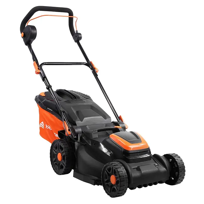 Yard Force Akku-Rasenmäher LM C37 - 40 V, 1 Akku, 4 Ah, Schnittbreite: 370 mm - Schwarz-orangefarbener Elektrorasenmäher mit Fangkorb und ergonomischem Griff.