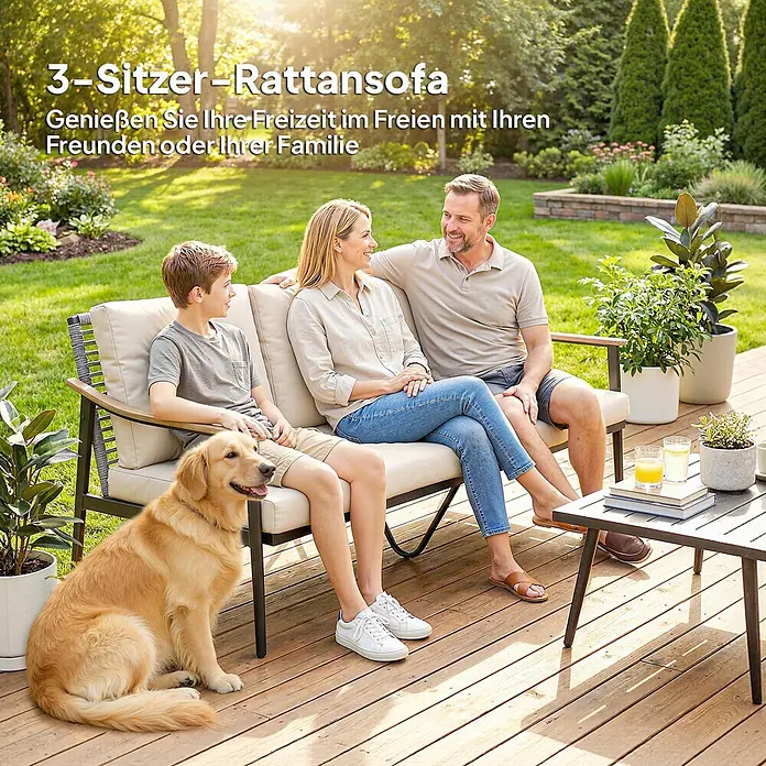 Outsunny Loungesofa - B x T x H: 75 x 75 x 78 cm, Stahl, Khaki - Ein 3-Sitzer-Rattansofa mit hellen Kissen, auf dem eine Familie im Garten entspannt.