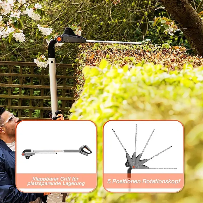 Yard Force Akku-Heckenschere iFlex LH F35 - 1 Akku, Schnittlänge: 35 cm - Mann schneidet Hecke mit einer Langstiel-Heckenschere, deren klappbarer Griff und 5-Positionen-Rotationskopf gezeigt werden.