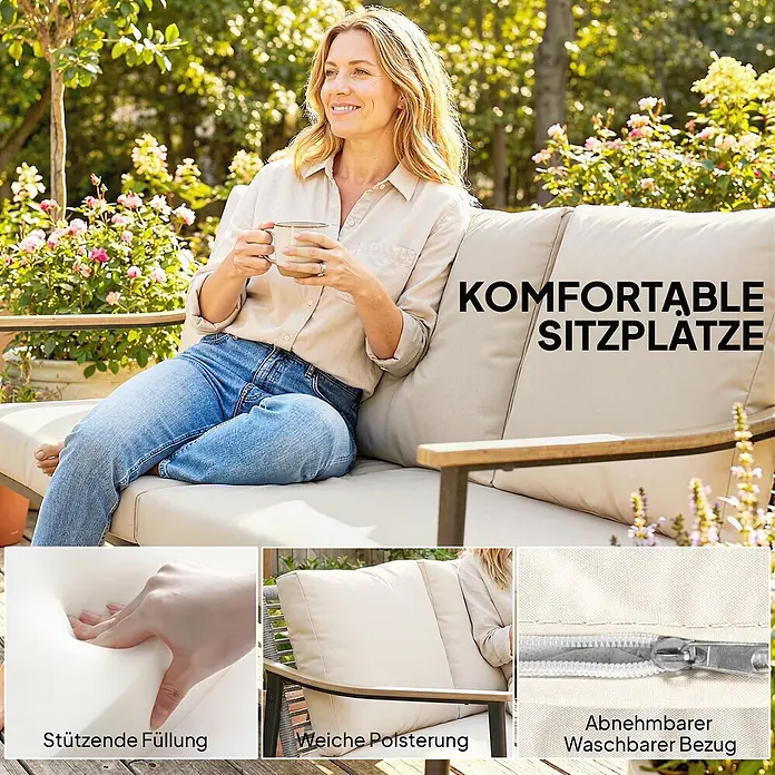 Outsunny Loungesofa - B x T x H: 75 x 75 x 78 cm, Stahl, Khaki - Beige Outdoor-Sofa-Kissen mit stützender, weicher Füllung und abnehmbarem, waschbarem Bezug für bequeme Sitzgelegenheiten im Freien.