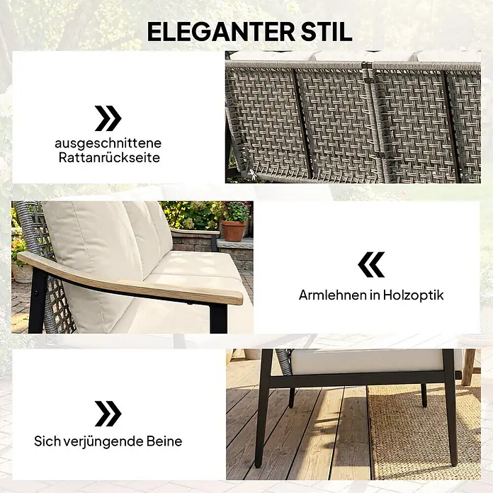 Outsunny Loungesofa - B x T x H: 75 x 75 x 78 cm, Stahl, Khaki - Gartensofa mit geflochtener Rückenlehne, Armlehnen in Holzoptik und sich verjüngenden Metallbeinen.