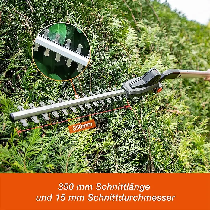 Yard Force Akku-Heckenschere iFlex LH F35 - 1 Akku, Schnittlänge: 35 cm - Heckenschere mit 350mm Schnittlänge und 15mm Schnittdurchmesser schneidet eine grüne Hecke.