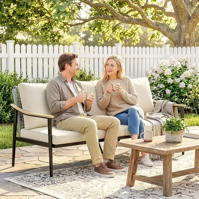 Outsunny Loungesofa - B x T x H: 75 x 75 x 78 cm, Stahl, Khaki - Outdoor-Sofa mit beigen Kissen. Ein Paar entspannt auf dem Sofa im Garten, trinkt Kaffee neben einem Holztisch.