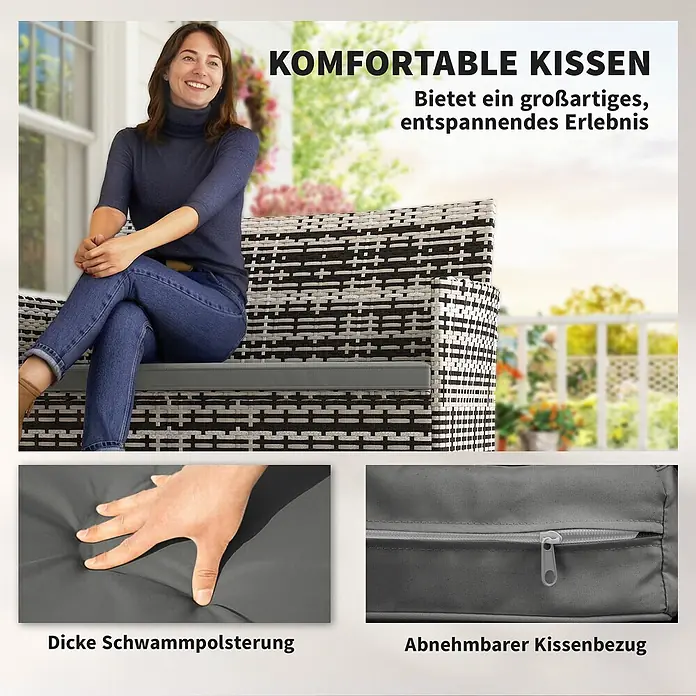 Outsunny Loungesofa - B x T x H: 63 x 63 x 85 cm, PE-Rattan, Hellgrau - Komfortable graue Kissen auf einem Gartensofa. Mit dicker Polsterung und abnehmbarem Bezug für Entspannung im Freien.