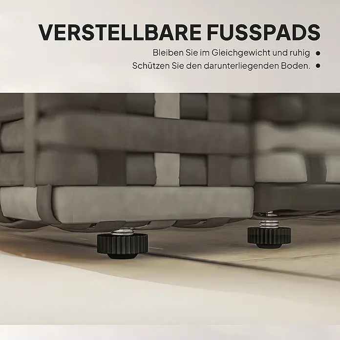 Outsunny Loungesofa - B x T x H: 63 x 63 x 68 cm, Stahl, PE-Rattan, Hellgrau, Dunkelgrau, Schwarz - Verstellbare schwarze Möbelfüße mit silbernen Gewinden unter einem grauen Möbelstück, für Stabilität und Bodenschutz.