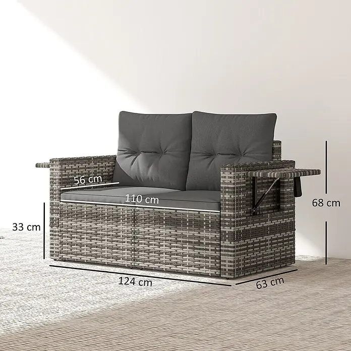 Outsunny Loungesofa - B x T x H: 63 x 63 x 68 cm, Stahl, PE-Rattan, Hellgrau, Dunkelgrau, Schwarz - Graues Rattan 2-Sitzer Gartensofa mit dunkelgrauen Kissen und ausklappbaren Beistelltischen.