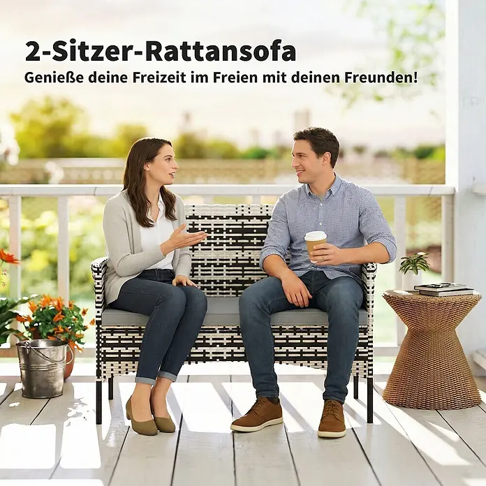 Outsunny Loungesofa - B x T x H: 63 x 63 x 85 cm, PE-Rattan, Hellgrau - Zwei Personen sitzen auf einem schwarz-weißen 2-Sitzer Rattansofa mit grauen Polstern auf einer Veranda.