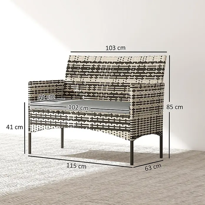 Outsunny Loungesofa - B x T x H: 63 x 63 x 85 cm, PE-Rattan, Hellgrau - Zweisitziges Gartensofa aus Korbgeflecht in Schwarz-Beige mit grauem Kissen.