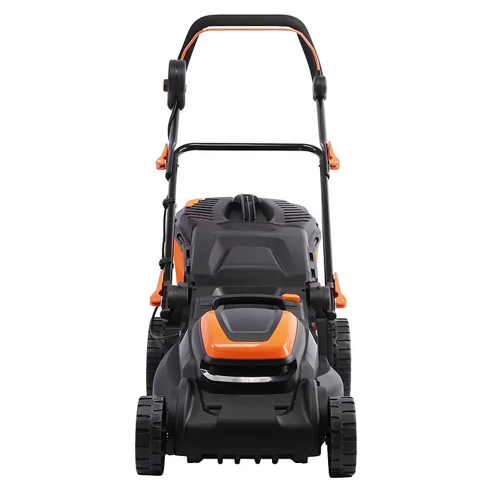Yard Force Akku-Rasenmäher LM C37 - 40 V, 1 Akku, 4 Ah, Schnittbreite: 370 mm - Vorderansicht eines schwarz-orangen Elektrorasenmähers mit Griff.
