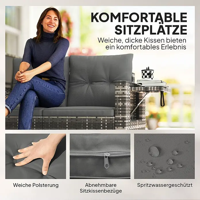 Outsunny Loungesofa - B x T x H: 63 x 63 x 68 cm, Stahl, PE-Rattan, Hellgrau, Dunkelgrau, Schwarz - Graues Rattan-Gartensofa mit dicken Kissen; weiche Polsterung, abnehmbare Bezüge und spritzwassergeschützter Stoff.