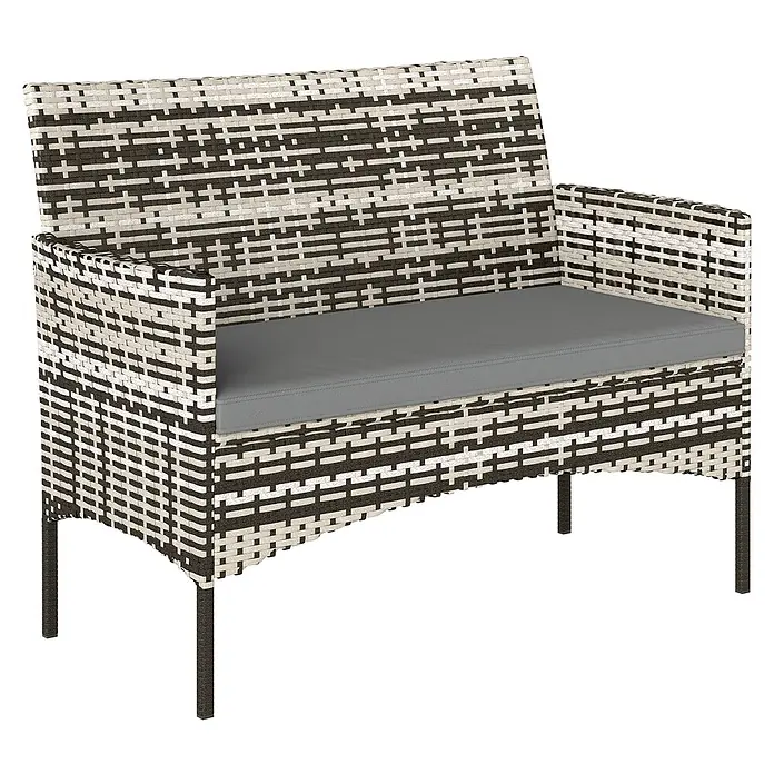 Outsunny Loungesofa - B x T x H: 63 x 63 x 85 cm, PE-Rattan, Hellgrau - Zweisitzer-Gartenbank mit geflochtenem Rattan-Look in Dunkelbraun und Hellbeige sowie grauem Kissen.