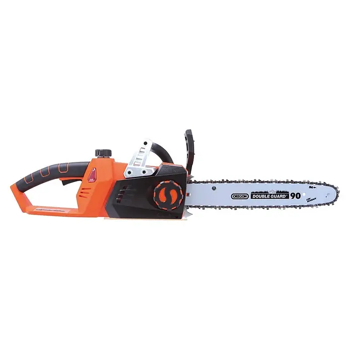 Yard Force Einhand-Akku-Kettensäge LS C35 - 20 V, 2 Ah, 2 Akkus, Schwertlänge: 35 cm - Eine orange-schwarze Kettensäge mit einer silbernen Führungsschiene und Kette.