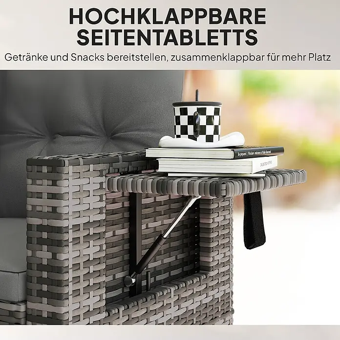 Outsunny Loungesofa - B x T x H: 63 x 63 x 68 cm, Stahl, PE-Rattan, Hellgrau, Dunkelgrau, Schwarz - Sessel aus Korbgeflecht mit einem hochklappbaren Beistelltisch in Grautönen, auf dem ein Becher und Bücher stehen. Ideal für Getränke und Snacks.