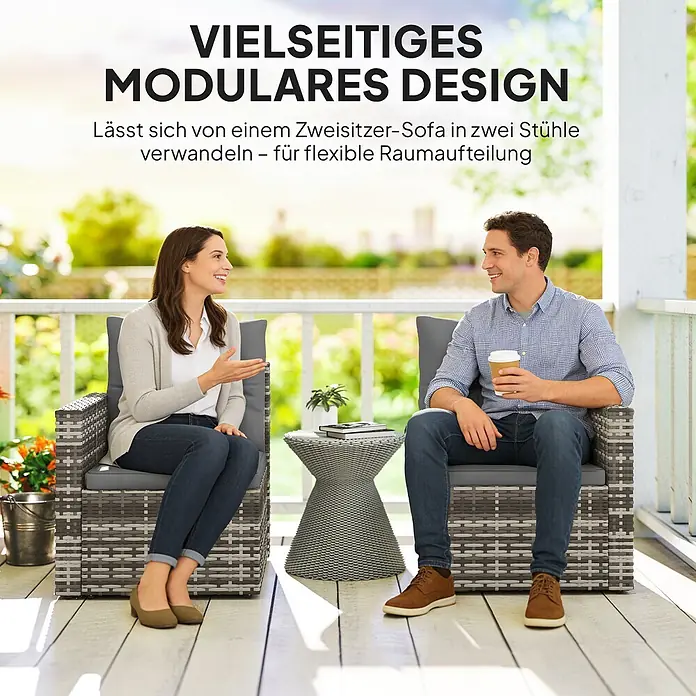 Outsunny Loungesofa - B x T x H: 63 x 63 x 68 cm, Stahl, PE-Rattan, Hellgrau, Dunkelgrau, Schwarz - Zwei graue Rattan-Stühle und ein passender Beistelltisch auf einer Terrasse, als modulares Gartenmöbelset.