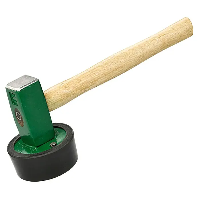 Heka Plattenlegerhammer - Rund - Ein vielseitiger Gummihammer mit Holzgriff und grünem Kopf für verschiedenste Anwendungen.