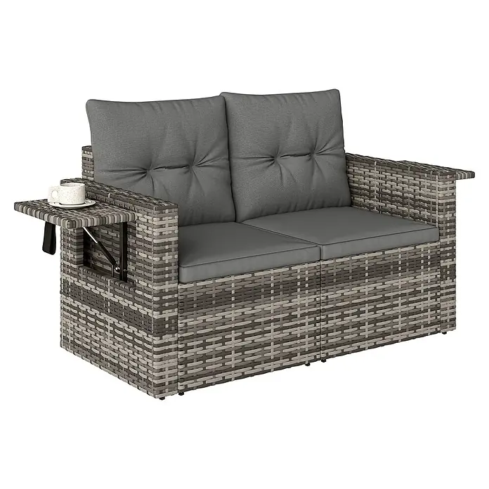 Outsunny Loungesofa - B x T x H: 63 x 63 x 68 cm, Stahl, PE-Rattan, Hellgrau, Dunkelgrau, Schwarz - Zweisitzer Gartensofa aus grauem Polyrattan mit grauen Kissen und ausziehbarer Seitenablage.
