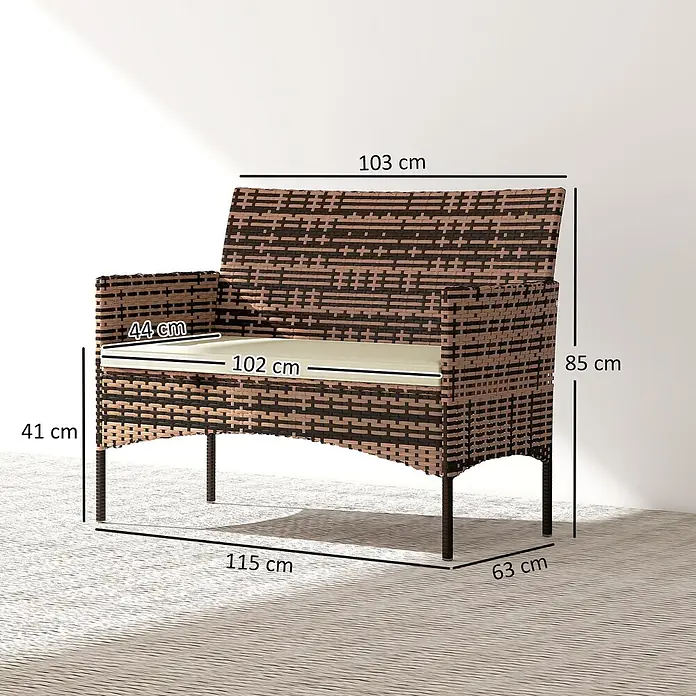 Outsunny Loungesofa - Stahl, PE-Rattan, Khaki - Braune und beige Rattan-Zweisitzer-Gartenbank mit cremefarbenen Kissen, mit Länge, Breite, Höhe und Sitzmaßen angezeigt.