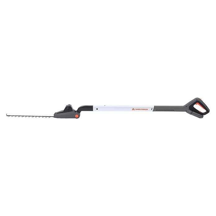 Yard Force Akku-Heckenschere iFlex LH F35 - 1 Akku, Schnittlänge: 35 cm - Heckenschere mit langem Stiel in Grau und Weiß mit orangefarbenen Akzenten, ausgestattet mit verlängerter Stange und Schneidemessern.