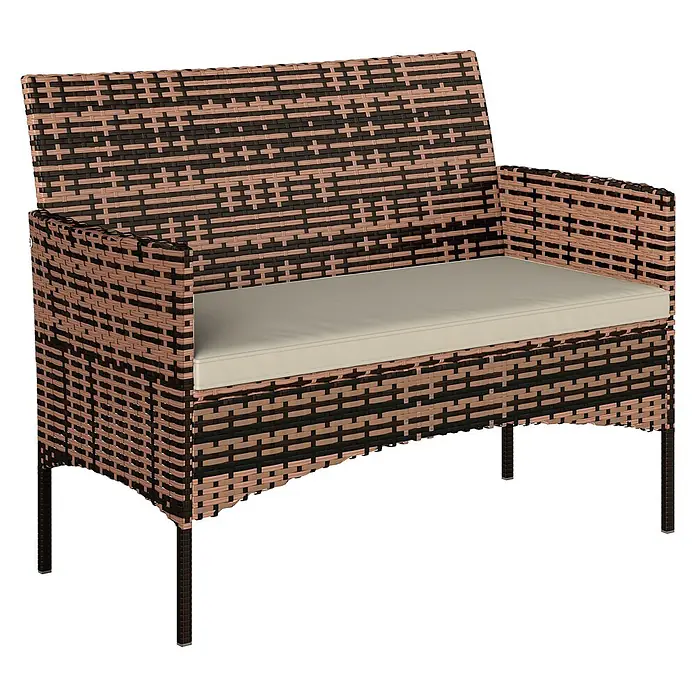 Outsunny Loungesofa - Stahl, PE-Rattan, Khaki - Zweisitzige Outdoor-Rattanbank mit braun-schwarzem Geflecht und hellbeigem Kissen.