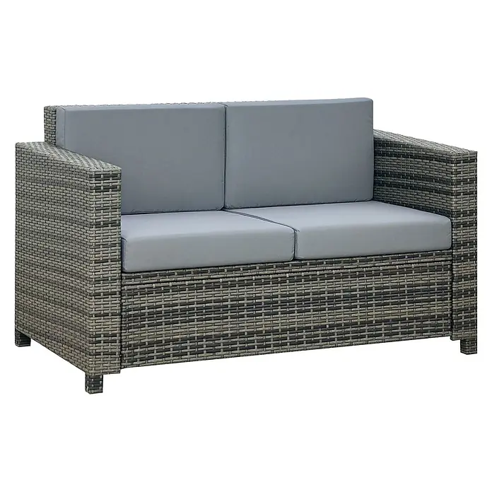 Outsunny Loungesofa - B x T x H: 70 x 70 x 80 cm, Metall, PE-Rattan, Grau - Zweisitziges Outdoor-Sofa mit grauem Polyrattan-Gestell und grauen Kissen.